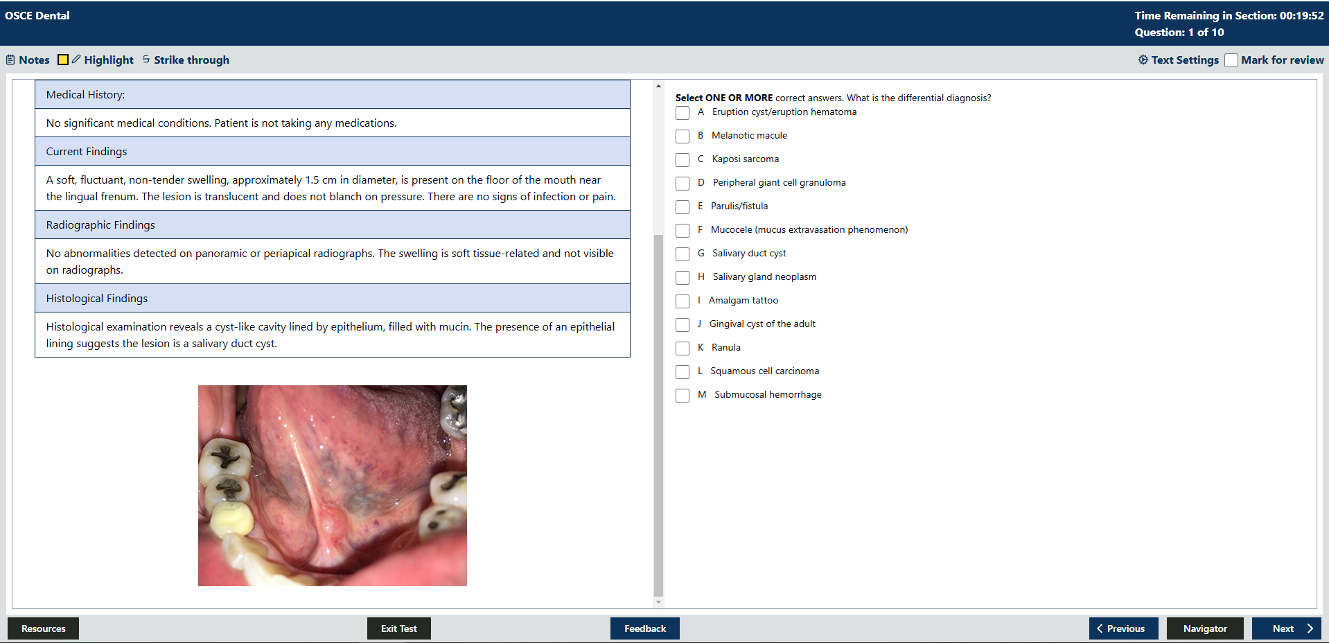 DL OSCE App Question with a Clinical Image - DLOSCE QBANK interface screenshot